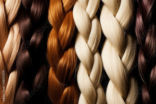 Diversity of colorful hair braids. Long hair with different shades interlaced strands. Generate ai