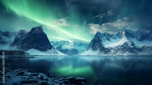 Hyper realistic Aurora borealis above the snow covered mountains in Lofoten islands, Norway.