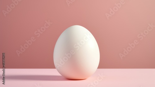  a white egg sitting on top of a table next to a pink wall with a shadow of an egg on it.