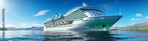 Low Angle fish eye shot of an Eco-Conscious Modern luxury Cruise liner: Pioneering Sustainable Design for a Greener Tomorrow