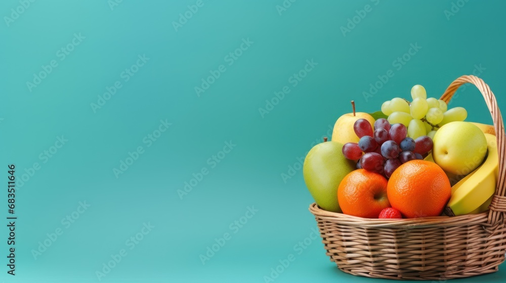 a wicker basket filled with assorted fruit on a blue and green background with copy - space in the middle. a wicker basket filled with assorted fruit on a blue and green background with copy - space in the middle.