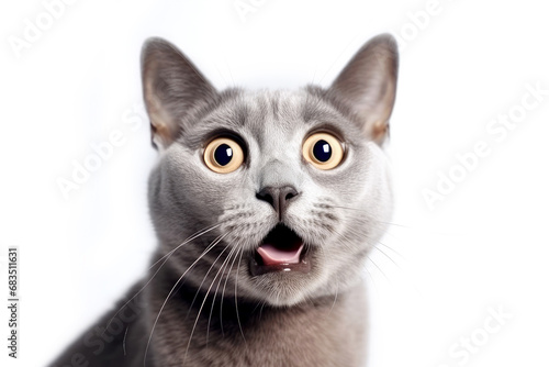 Funny surprised cat isolated on white background. Studio portrait of a cat with amazed face.