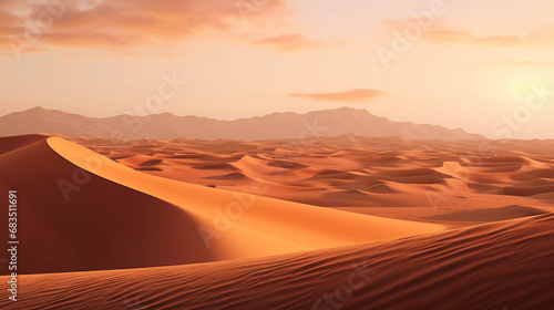 Hyper realistic Sand dunes in the Sahara Desert, at golden hour time