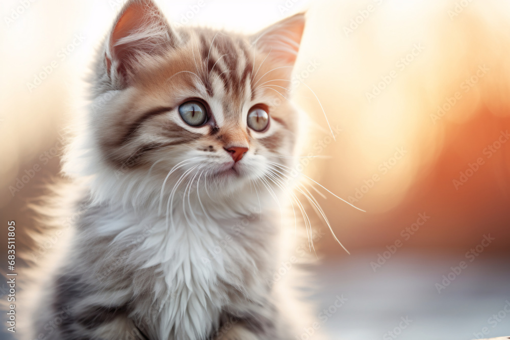 Adorable striped kitten with mesmerizing eyes in the golden glow of a sun. Blurred nature background. Suitable for promotions, posters, or banners