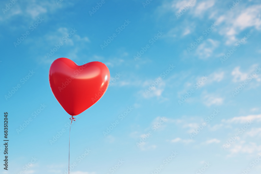 Red heart-shaped balloon soaring against a blue sky. Freedom and love symbol. Valentine's Day celebration. Minimalistic concept. Design for poster, greeting card, banner with free space for text