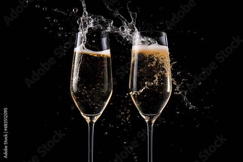 Toasting champagne glasses with dynamic splash on dark background. Celebration and elegance concept. New Year and Valentine's Day celebration. Design for greeting card, festive event poster, or banner