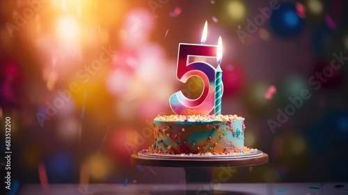  a birthday cake with a candle in the shape of the number five on a table with confetti and streamers.