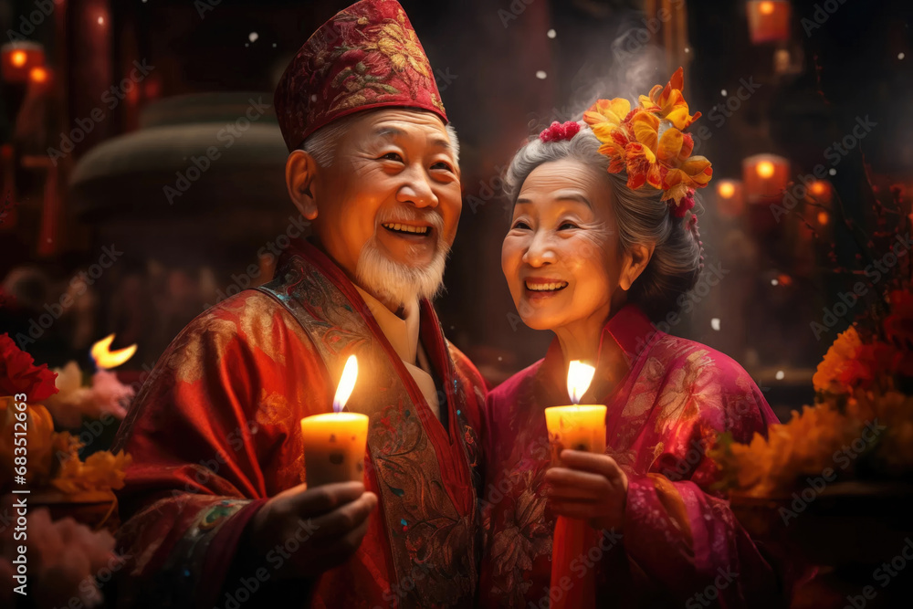 An old asian couple celebrating Chinese New Year happily lit candles An old asian couple celebrating Chinese New Year happily lit candles