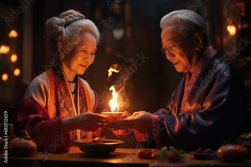 A senior asian couple wearing Chinese clothing celebrates the Chinese New Year with lit candle