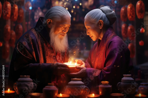 chinese elderly couple with lit candle in oriental traditional dress in Chinese New Year