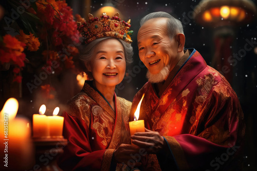 portrait of an asian elderly couple in oriental traditional dress celebrating the Chinese New Year holding lit candle