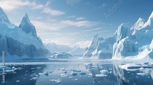 Large icebergs and glaciers in cold ocean water photo