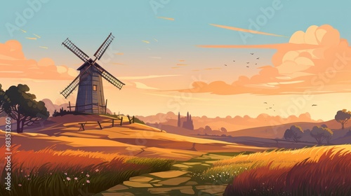  a painting of a windmill on a hill with a path in the foreground and a sunset in the background.