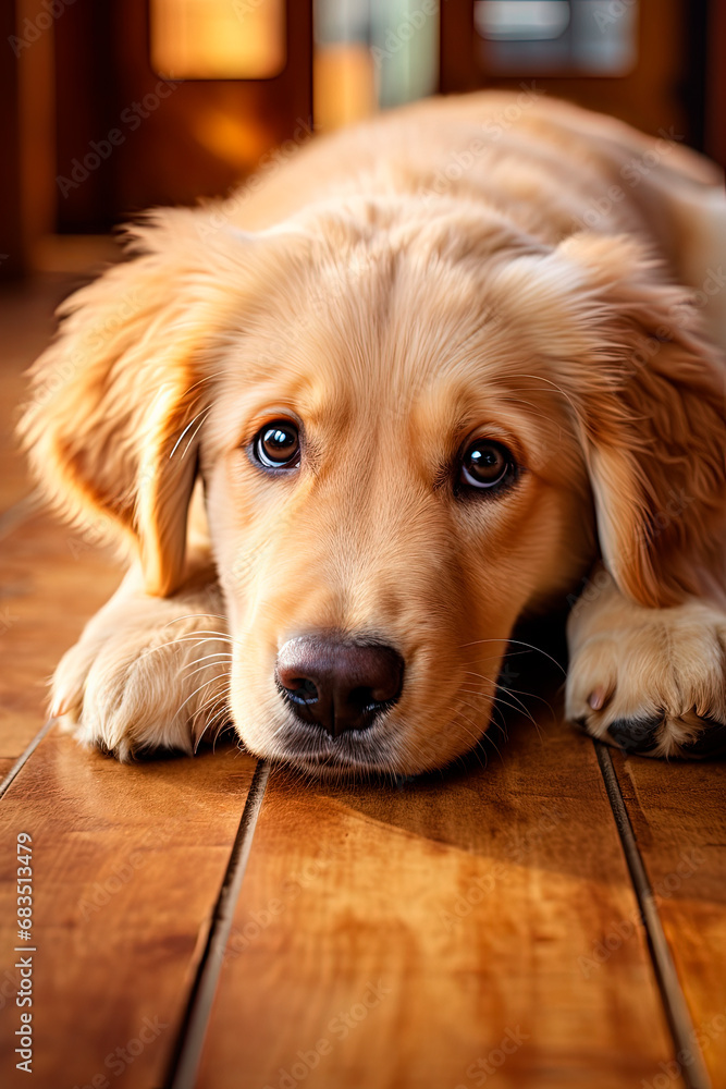 A golden labrador lies on the floor. Generative AI A golden labrador lies on the floor. Generative AI