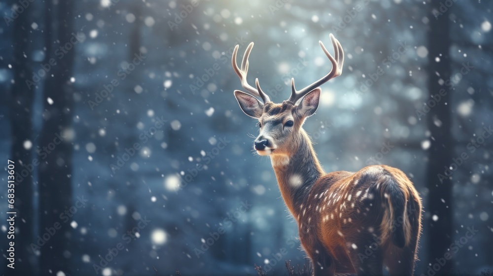 a deer standing in the middle of a forest with snow falling down on it's head and antlers in the foreground. a deer standing in the middle of a forest with snow falling down on it's head and antlers in the foreground.