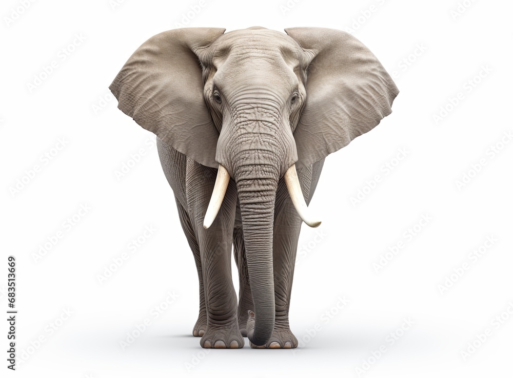 Majestic elephant standing gracefully, showcasing its grandeur, tusks and trunk, isolated on a white background.