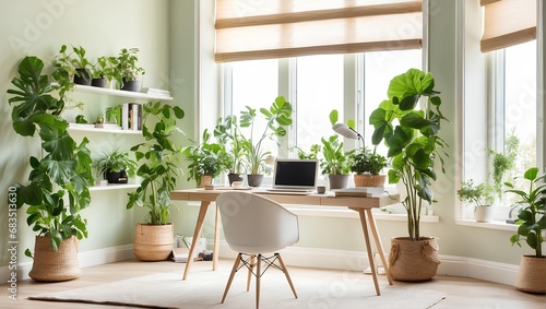 A bright, airy home office with a large window, a simple desk, and green plants. Generative AI