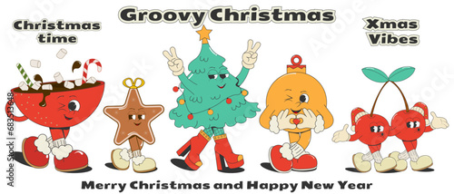 set of cartoon Christmas and New Year groovy characters isolated on a white background:Christmas tree,ball,cocoa,ginger cookies, cherries in Santa's hat. Vector in retro style of old comics of the 50s