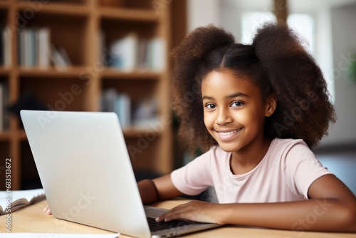 African girl school student distance learning. Technology, school and virtual class with a young pupil