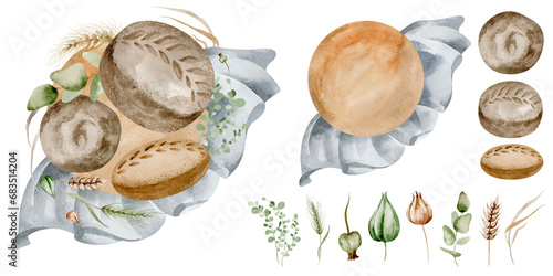 Fresh homemade baked goods on a tablecloth, items on an isolated background. Watercolor illustration of bread
and plants. Drawing of greenery and food. Bakery packaging and logo design.
