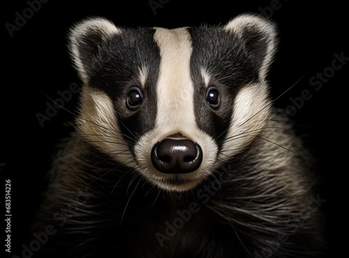 Close-up portrait of a badger, showcasing its detailed fur and distinctive facial markings, isolated on a black background. © burntime555