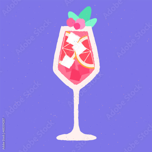 Cold drink with ice cubes and citrus fruits. Mint refreshing cocktail in glass on a stem. Alcohol drink with grapefruit and berries. Vector flat illustration with texture. Bright pink beveridge