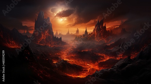 End of the world, the apocalypse, Armageddon. Lava flows flow across the planet, hell on earth, fantasy landscape inferno magma volcano © Mars0hod