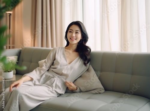 Beautiful asian woman resting on the sofa at new home. Portrait happy smiling girl enjoying day off lying on the couch in the room. Concept of healthy life style, good vibes people and relaxing.