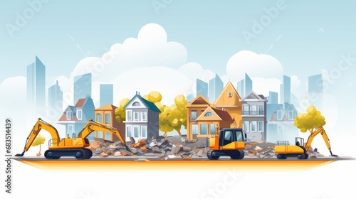 Certainly! Here's a possible set of tags for a vector illustration depicting the building work process, including houses and construction machinery: photo