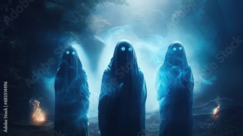 Phantom spirits mysteries of universe. Ghosts of death in dark cloaks with a hood