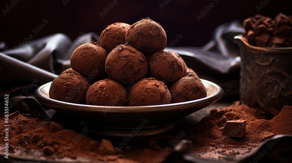 a bowl full of chocolate truffles sitting on top of a table next to a cup of cocoa powder. a bowl full of chocolate truffles sitting on top of a table next to a cup of cocoa powder.