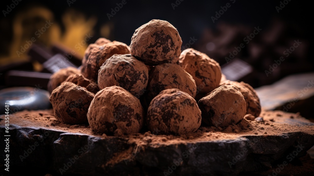 a pile of chocolate truffles sitting on top of a pile of chocolate truffles on top of a table. a pile of chocolate truffles sitting on top of a pile of chocolate truffles on top of a table.