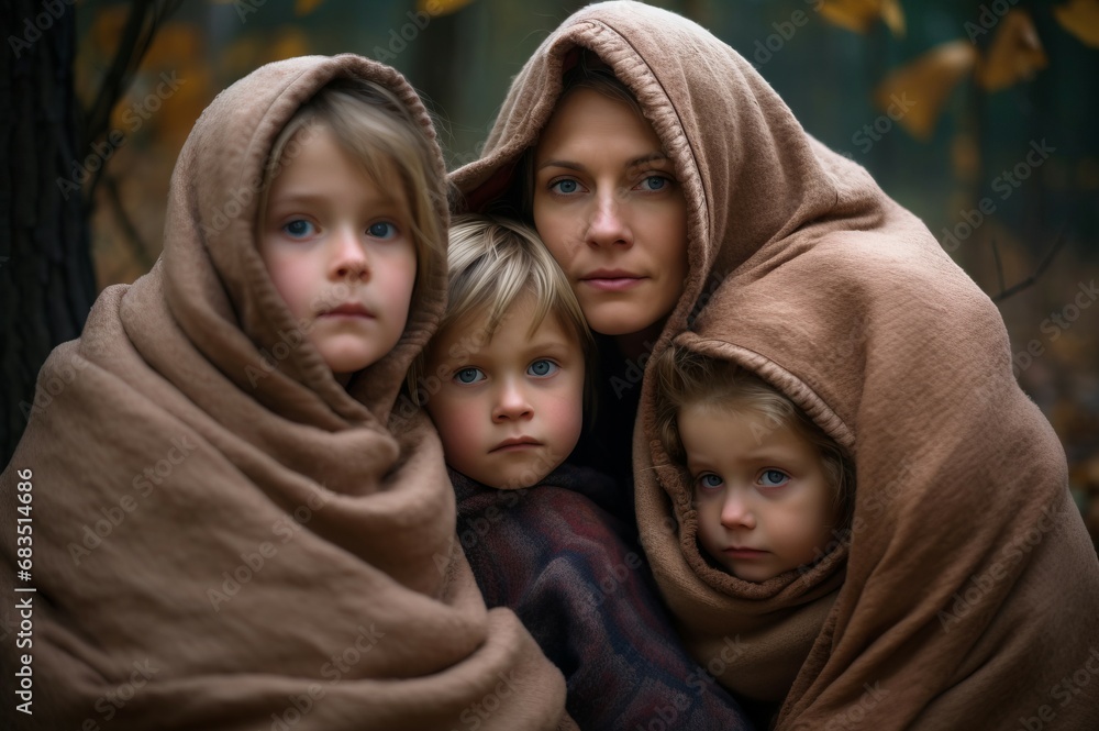 Women and three children covered with blanket outdoor. Cheerful family cozy photo under textile plaid. Generate ai Women and three children covered with blanket outdoor. Cheerful family cozy photo under textile plaid. Generate ai