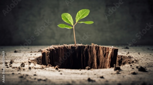 Depicting the business concept of new development and rejuvenation, symbolized by an old cut-down tree with a resilient seedling growing from its center trunk, illustrating the support and establishme photo