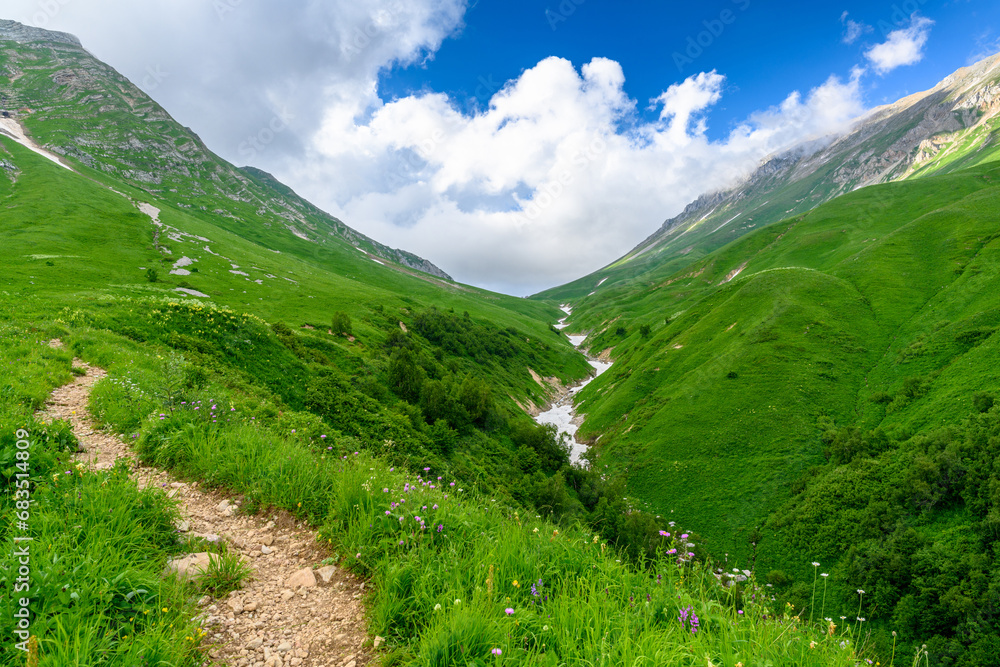 Obraz premium Beautiful landscape with mountains, green grass meadows and hiking trail in springtime.