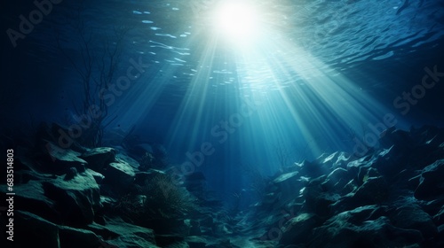 Underwater Sea - Deep Abyss With Blue Sun light © Chingiz