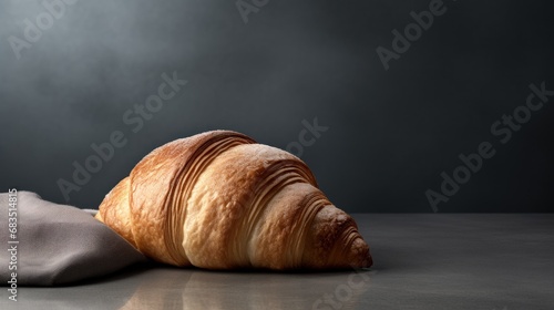  a croissant sitting on top of a table next to a piece of cloth on top of a table.