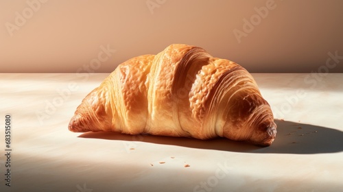  a croissant sitting on top of a table next to a shadow of the croissant on the table.