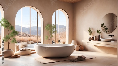 A luxurious  spa-like bathroom with a freestanding tub  natural light  and soft  earthy tones. Generative AI