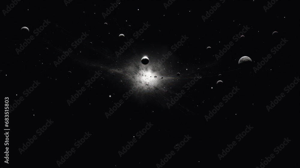 Fototapeta premium a black and white photo of a cluster of planets in the sky with a star in the middle of the picture.
