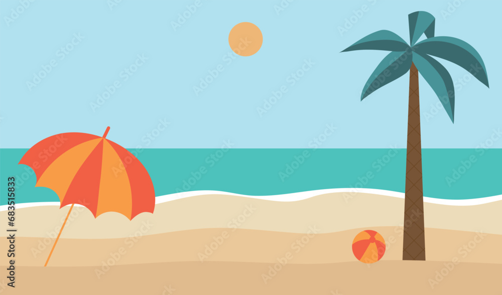 Summer beach, travel concept. Sea, umbrella, palm tree, children's ball, sun, sand. Vector illustration, eps 10.