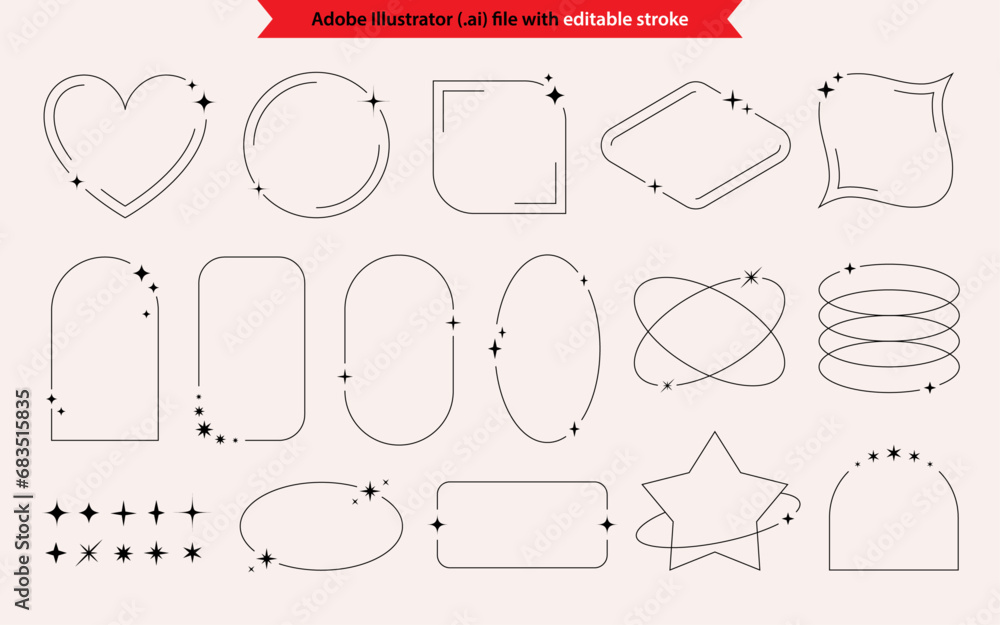 Aesthetic frames set with stars and sparkles. Decorative elements collection for logo or banner design. Editable stroke. Aesthetic frames set with stars and sparkles. Decorative elements collection for logo or banner design. Editable stroke.