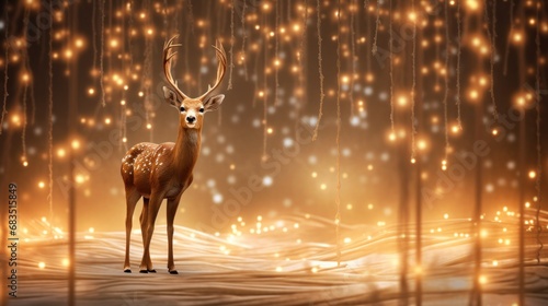  a deer standing in the middle of a forest with lights on it's head and antlers on it's back.