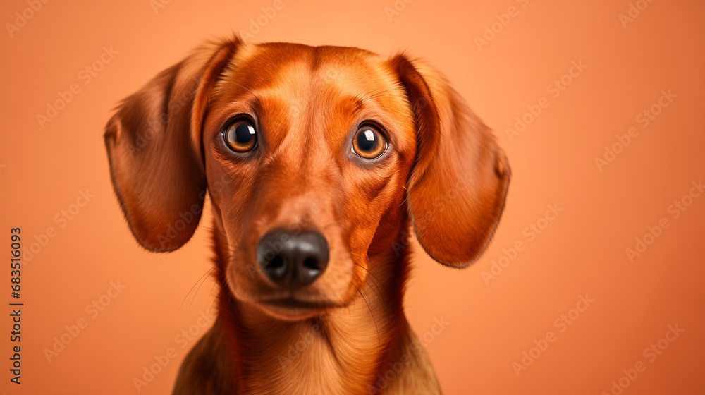 Close-up of a red dachshund's head against a light background.