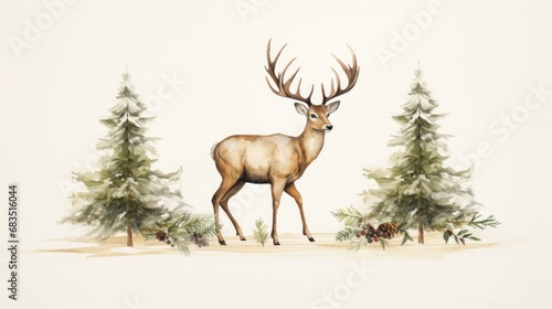  a painting of a deer standing in the middle of a forest with evergreens and pine cones in the foreground. © Olga