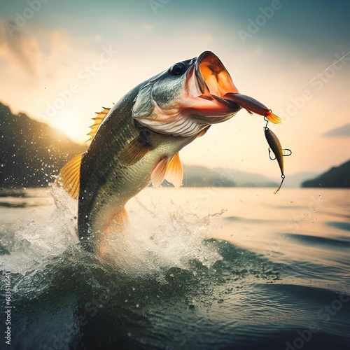 AI generated illustration of a large-mouthed bass leaping from the water holding a fishing lure photo