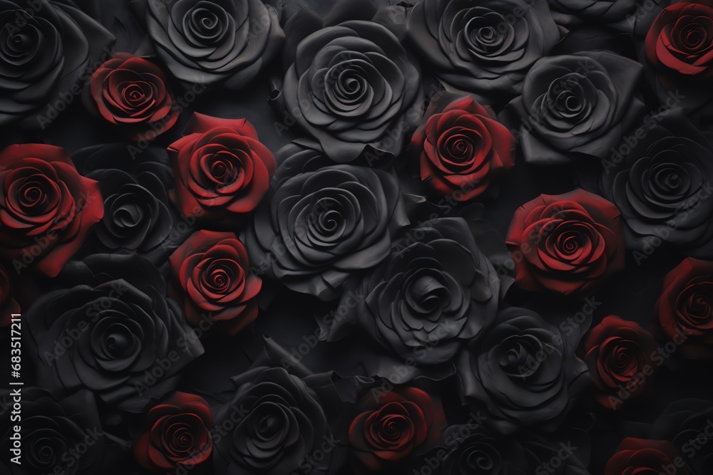 a group of black and red roses