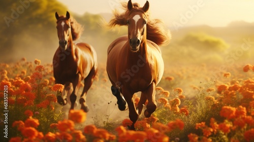 Horses gallop through a field of wildflowers, their tails and manes flowing gracefully.