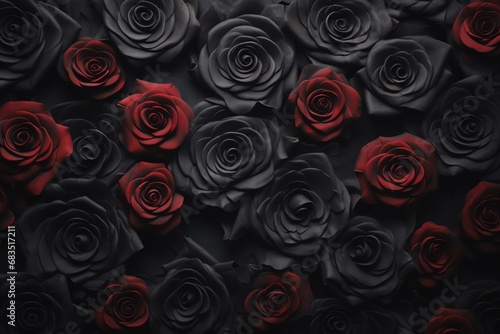 a group of black and red roses