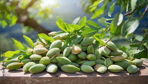 Unripe fresh green almond  selective focus